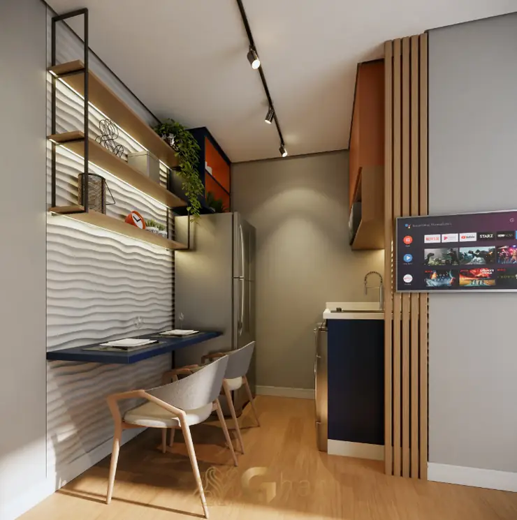 Cozinha do studio decorado em apartamentos no bairro da Penha, São Paulo