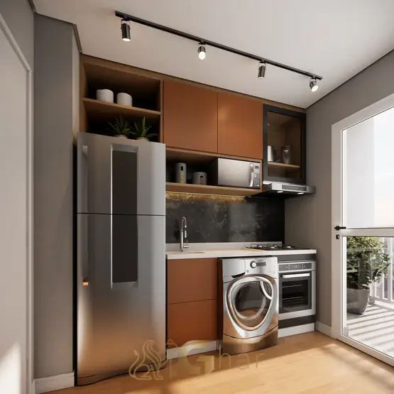 Cozinha com terraço do apartamento decorado do condomínio Metrocasa Parque Nabuco no bairro da Cidade Ademar, São Paulo