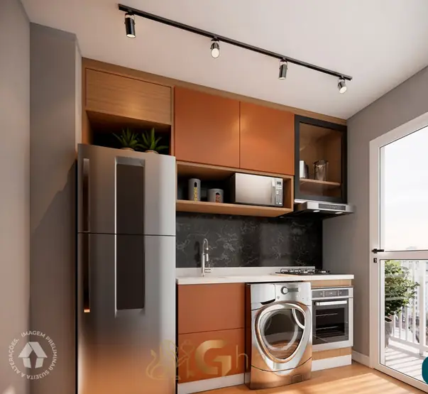 Cozinha integrada ao terraço do apartamento decorado do condomínio Metrocasa Prime Sapopemba no bairro de Sapopemba, São Paulo