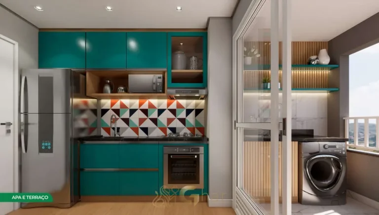 Cozinha com terraço do apartamento decorado em condomínio residencial no bairro da Vila Prudente, na Zona Leste de São Paulo