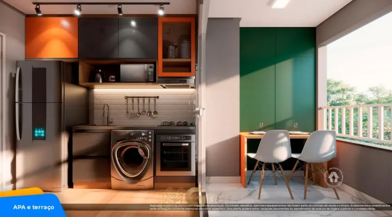 Cozinha com terraço do apartamento decorado em condomínio residencial no bairro da Cidade Ademar, na Zona Sul de São Paulo