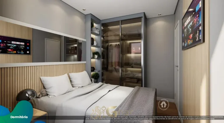 Dormitório do apartamento decorado do condomínio Metrocasa Parque Ecológico no bairro do Cangaíba, São Paulo