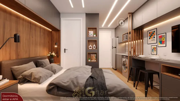 Ambiente de estar do studio decorado em apartamentos no bairro de Santo Amaro, São Paulo