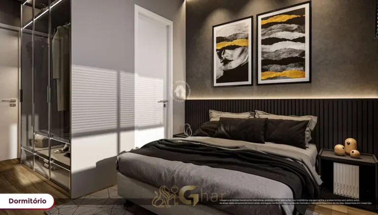Dormitório do studio decorado em condomínio residencial no bairro da Vila Guilhermina, na Zona Leste de São Paulo