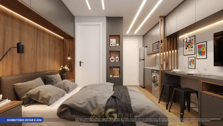 Dormitório do studio decorado em condomínio residencial no bairro do Jaçanã, na Zona Norte de São Paulo