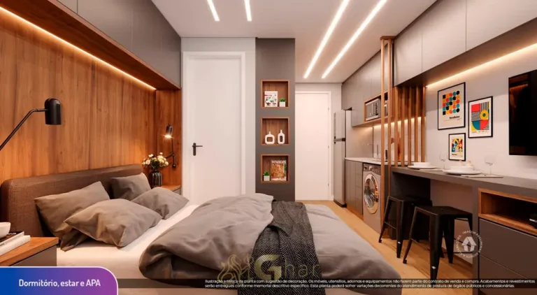 Dormitório do studio decorado do condomínio Metrocasa Praça da Árvore no bairro da Praça da Árvore, São Paulo