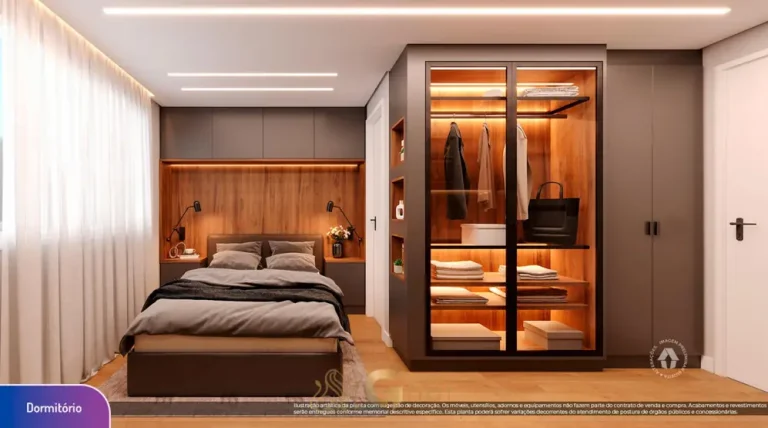 Ângulo do dormitório do studio decorado em condomínio residencial no bairro da Praça da Árvore, na Zona Sul de São Paulo