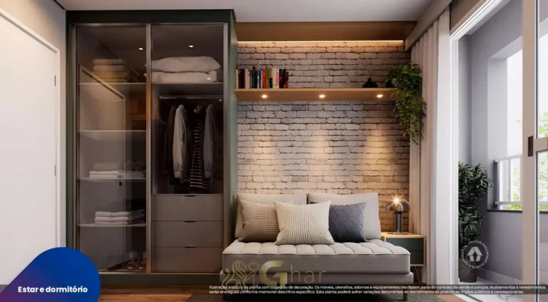 Dormitório do studio decorado em condomínio residencial no bairro de São Miguel Paulista, na Zona Leste de São Paulo