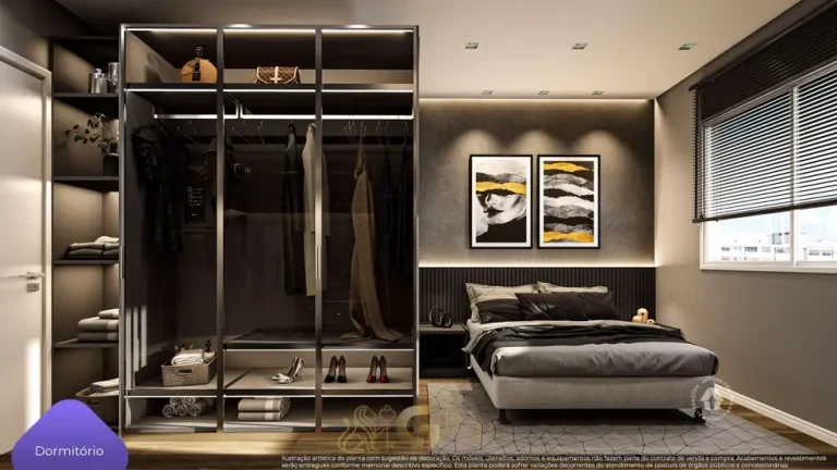 Dormitório do studio decorado em condomínio residencial no bairro da Vila das Belezas, na Zona Sul de São Paulo
