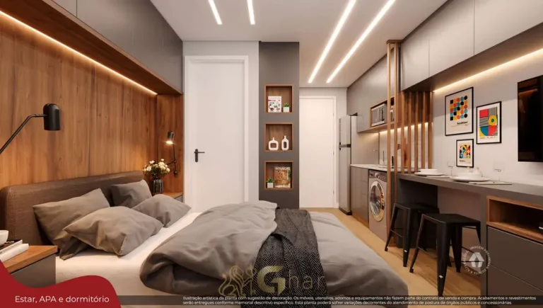 Dormitório do studio decorado do condomínio Metrocasa Vila Ré no bairro da Vila Ré, São Paulo