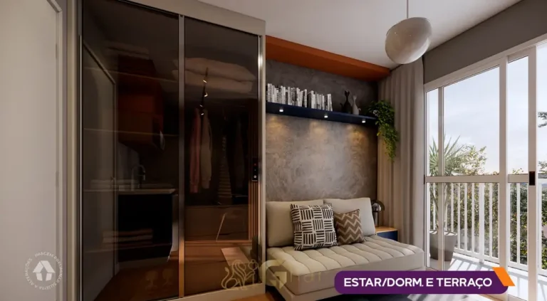 Dormitório com terraço do studio decorado do condomínio Metrocasa Alto da Boa Vista no bairro do Alto da Boa Vista, São Paulo