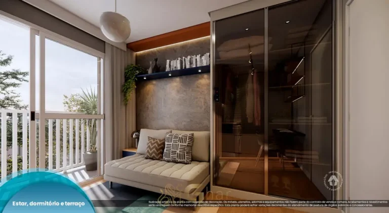 Dormitório com terraço do studio decorado em condomínio residencial no bairro da Vila Ema, na Zona Leste de São Paulo
