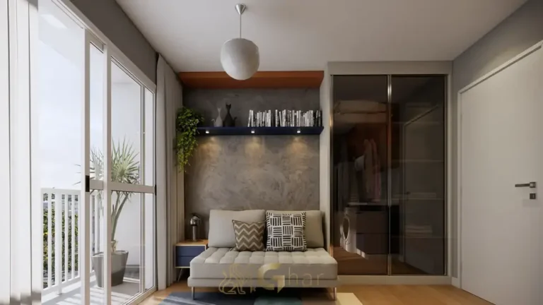 Vista do dormitório com terraço do studio decorado em apartamentos no bairro do Jardim Anália Franco, São Paulo