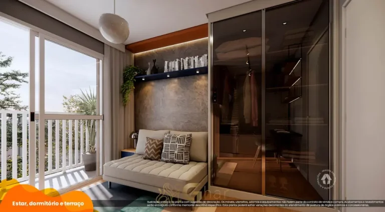 Dormitório com terraço do studio decorado em condomínio residencial no bairro da Freguesia do Ó, na Zona Norte de São Paulo