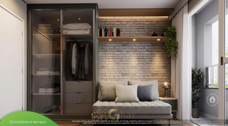 Dormitório com terraço do studio decorado em condomínio residencial no bairro da Vila Prudente, na Zona Leste de São Paulo