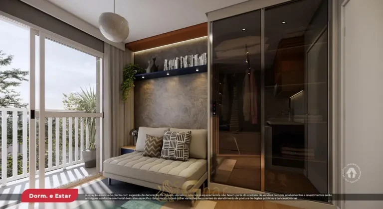 Dormitório com terraço do studio decorado em condomínio residencial no bairro de Sapopemba, na Zona Leste de São Paulo