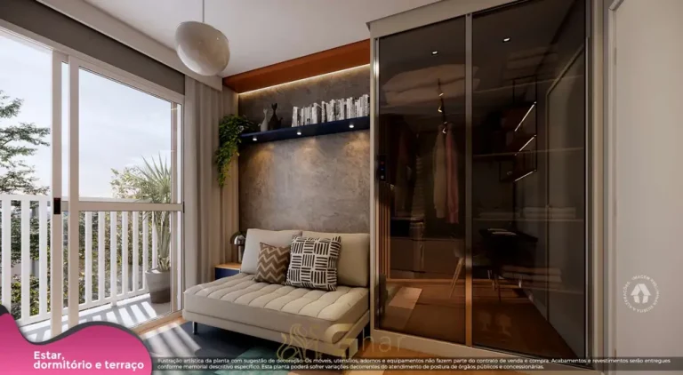 O dormitório com terraço do studio decorado do condomínio Metrocasa Oratório no bairro da Vila Prudente, São Paulo