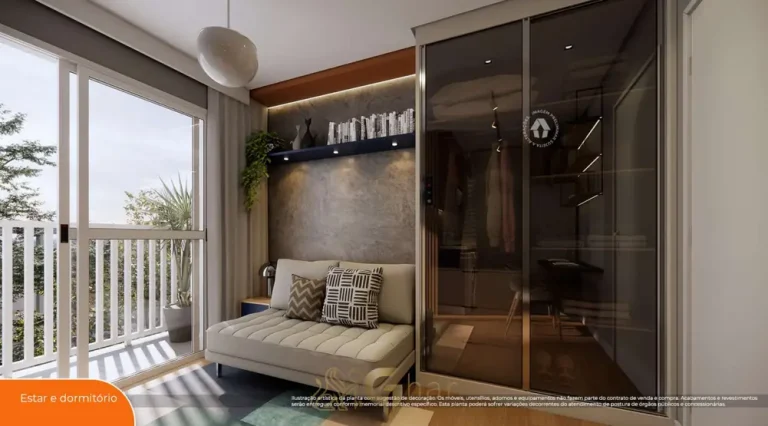 Dormitório com terraço do studio decorado em apartamentos no bairro da Penha, São Paulo
