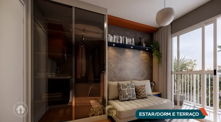 Dormitório com terraço do studio decorado em apartamentos no bairro de Sapopemba, São Paulo