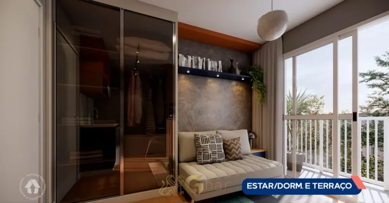 Dormitório com terraço do studio decorado do condomínio Metrocasa Prime Saúde no bairro da Saúde, São Paulo