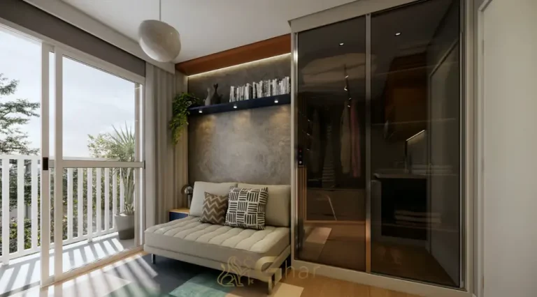 Dormitório com terraço do studio decorado do condomínio Metrocasa Prime Vila Ema no bairro da Vila Ema, São Paulo