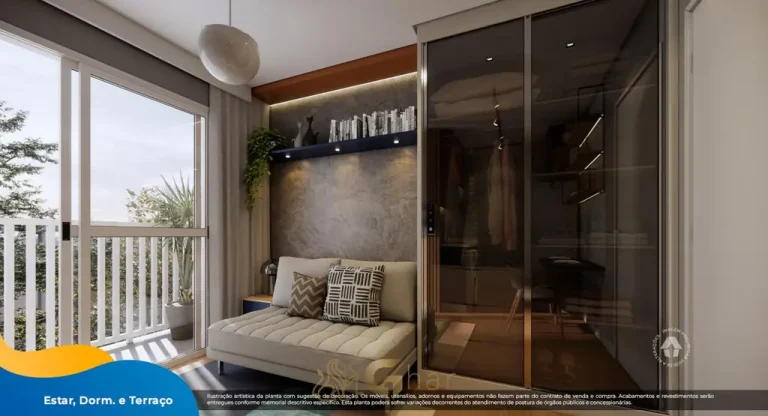 Dormitório com terraço do studio decorado em apartamentos no bairro da Vila Guilherme, São Paulo