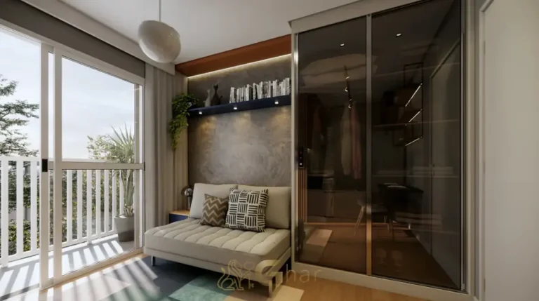 Dormitório com terraço do studio decorado em condomínio residencial no bairro da Penha, na Zona Leste de São Paulo