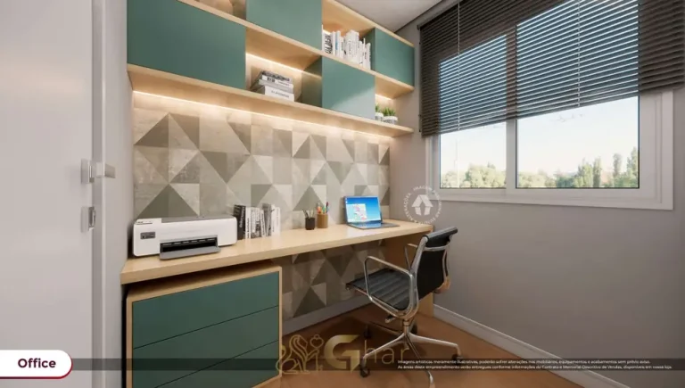 Escritório home office do apartamento decorado do condomínio Metrocasa Guilhermina Esperança no bairro da Vila Guilhermina, São Paulo