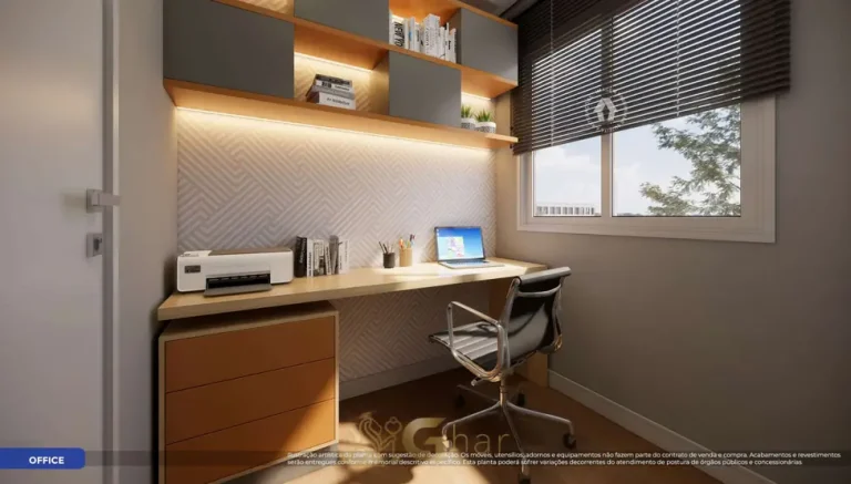 Escritório integrado do apartamento decorado do condomínio Metrocasa Jaçanã II no bairro do Jaçanã, São Paulo