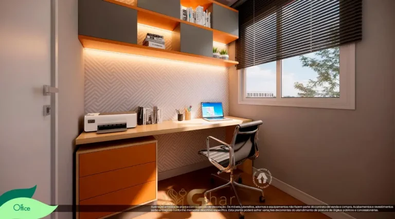 Escritório do apartamento decorado em condomínio residencial no bairro do Cursino, na Zona Sul de São Paulo