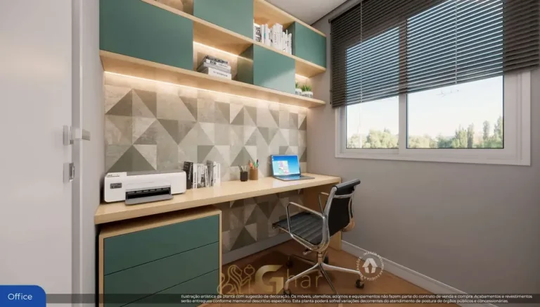 Escritório (office) do apartamento decorado do condomínio Metrocasa Liberdade no bairro da Liberdade, São Paulo