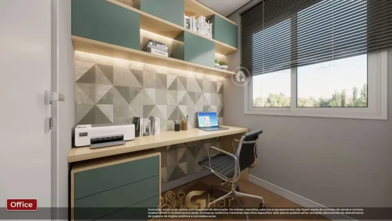 Escritório do apartamento decorado do condomínio Metrocasa Parque do Carmo no bairro do Parque do Carmo, São Paulo