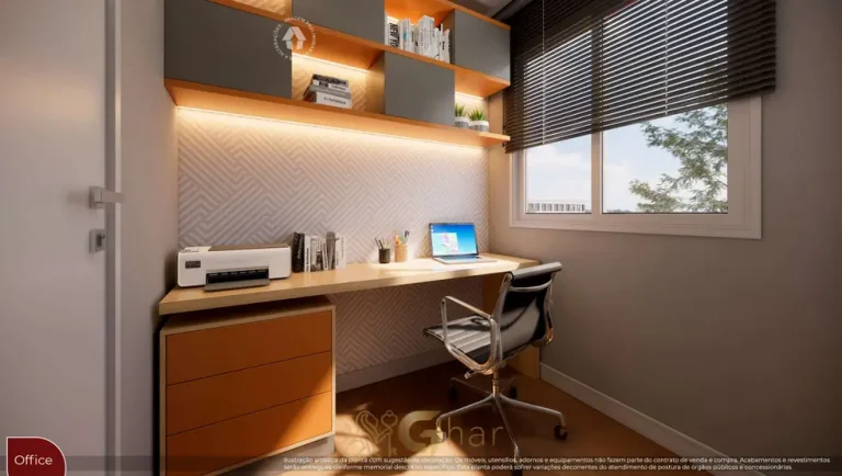 Escritório do apartamento decorado do condomínio Metrocasa Santo Amaro no bairro de Santo Amaro, São Paulo