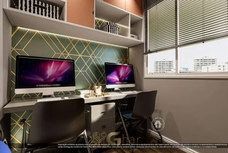 Home office do apartamento decorado em condomínio residencial no bairro da Liberdade, no Centro de São Paulo