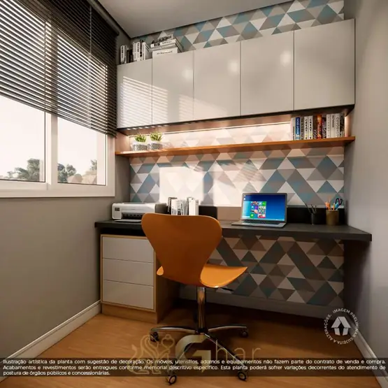 Escritório do apartamento decorado em condomínio residencial no bairro de São Miguel Paulista, na Zona Leste de São Paulo