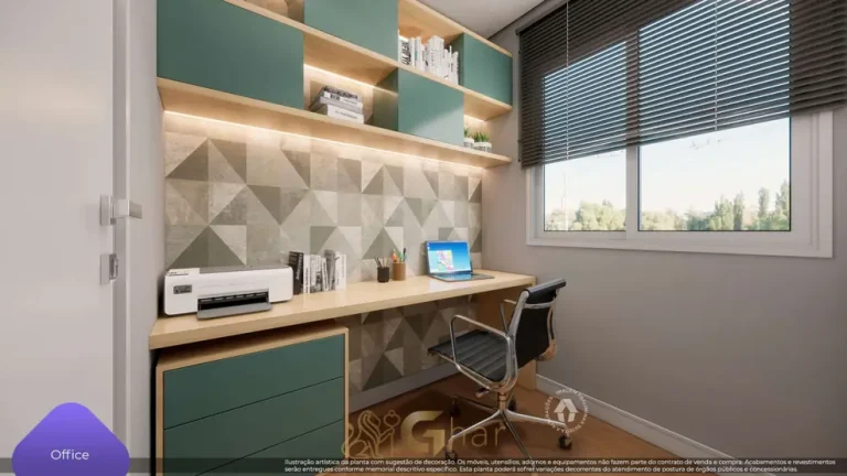 Escritório integrado do apartamento decorado em condomínio residencial no bairro da Vila das Belezas, na Zona Sul de São Paulo