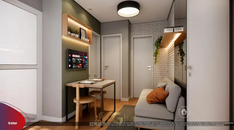 Sala de estar do apartamento decorado do condomínio Metrocasa Penha de França no bairro da Penha, São Paulo