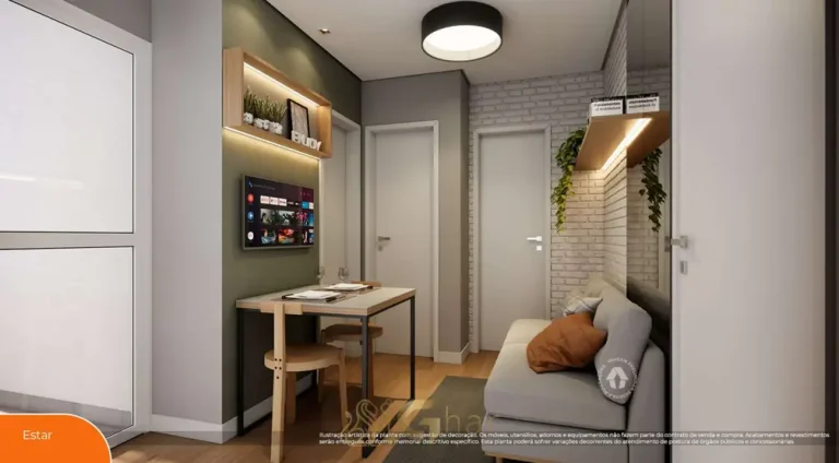 Sala de estar do apartamento decorado em condomínio residencial no bairro da Penha, na Zona Leste de São Paulo