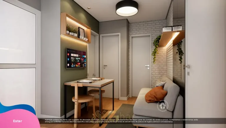 Sala de estar do apartamento decorado do condomínio Metrocasa Vila Guilherme no bairro da Vila Guilherme, São Paulo