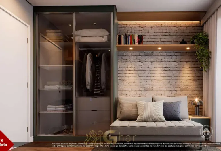 Sala de estar e dormitório integrados do studio decorado do condomínio Metrocasa Barra Funda no bairro da Barra Funda, São Paulo