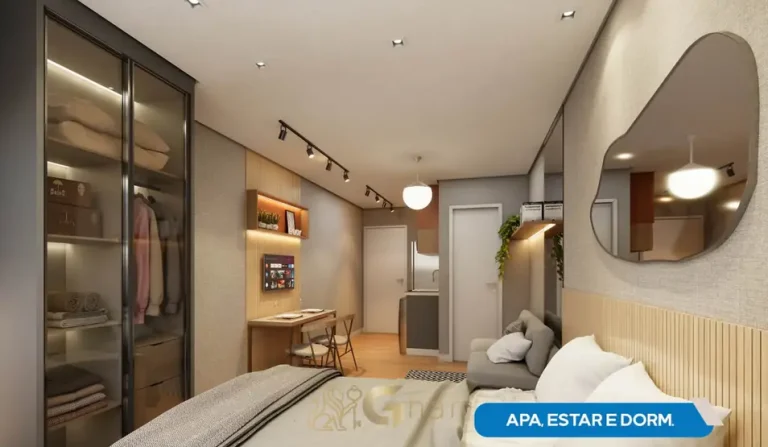 Sala de estar e dormitório integrados do studio decorado em apartamentos no bairro do Cangaíba, São Paulo