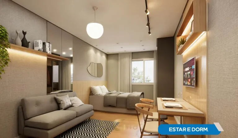 Outro ângulo do ambiente integrado do studio decorado em condomínio residencial no bairro do Cangaíba, na Zona Leste de São Paulo