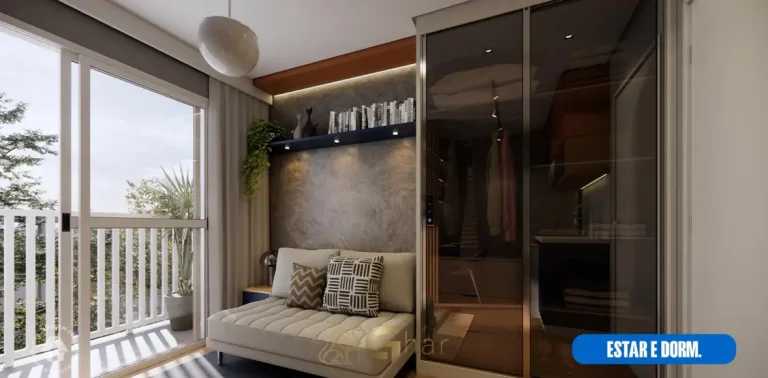 Integração entre estar e dormitório do studio decorado em condomínio residencial no bairro de Ermelino Matarazzo, na Zona Leste de São Paulo