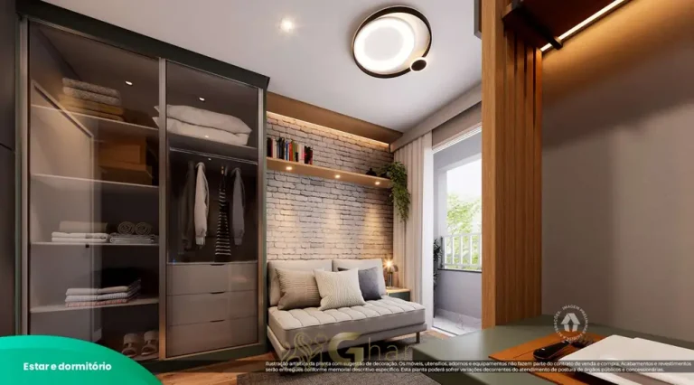 Ambiente integrado de estar e dormitório do studio decorado em apartamentos no bairro de Santo Amaro, São Paulo