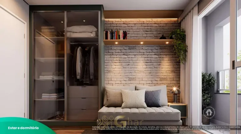 Outro ângulo do estar e dormitório integrados do studio decorado em condomínio residencial no bairro de Santo Amaro, na Zona Sul de São Paulo
