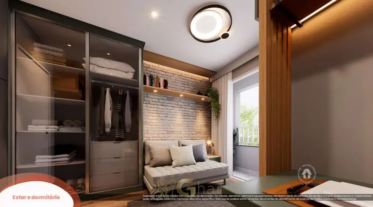 Ambiente de estar e dormitório integrado do studio decorado em condomínio residencial no bairro do Jaguaré, na Zona Oeste de São Paulo