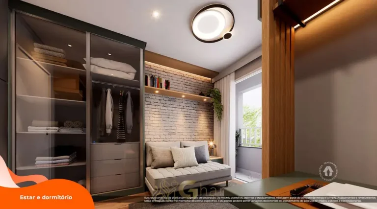 Ambiente integrado de estar e dormitório do studio decorado do condomínio Metrocasa Sacomã II no bairro do Sacomã, São Paulo