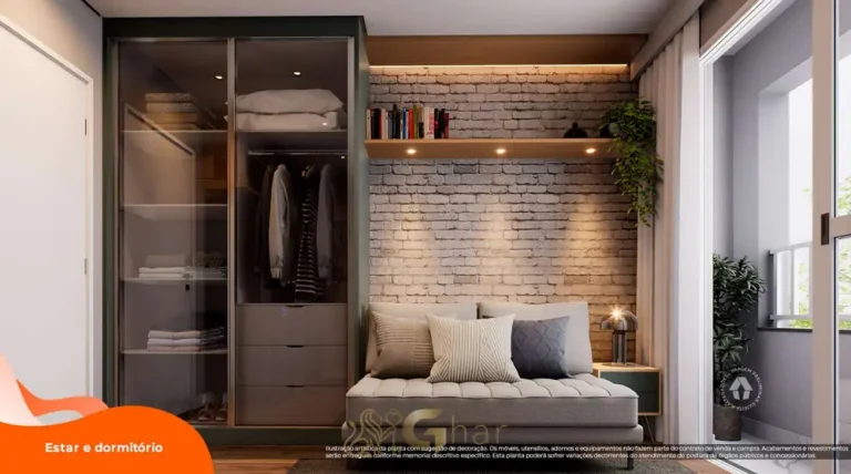 Outro ângulo do estar e dormitório do studio decorado em apartamentos no bairro do Sacomã, São Paulo