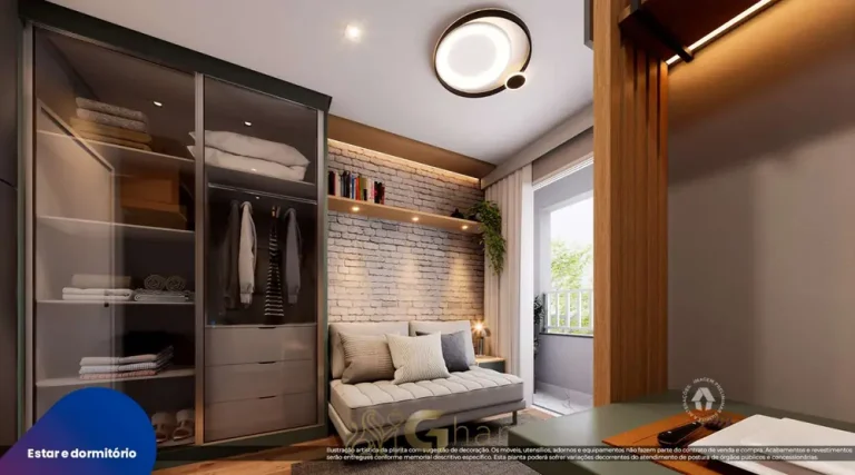 Sala e dormitório integrados do studio decorado em apartamentos no bairro de São Miguel Paulista, São Paulo