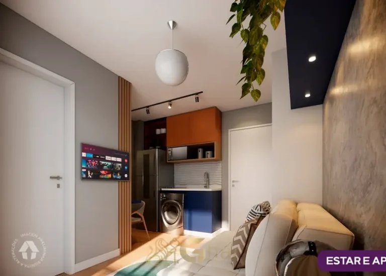 Sala de estar do studio decorado em condomínio residencial no bairro do Alto da Boa Vista, na Zona Sul de São Paulo